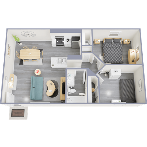 Floor plan for 2 beds, 1 bath, 715 sqft